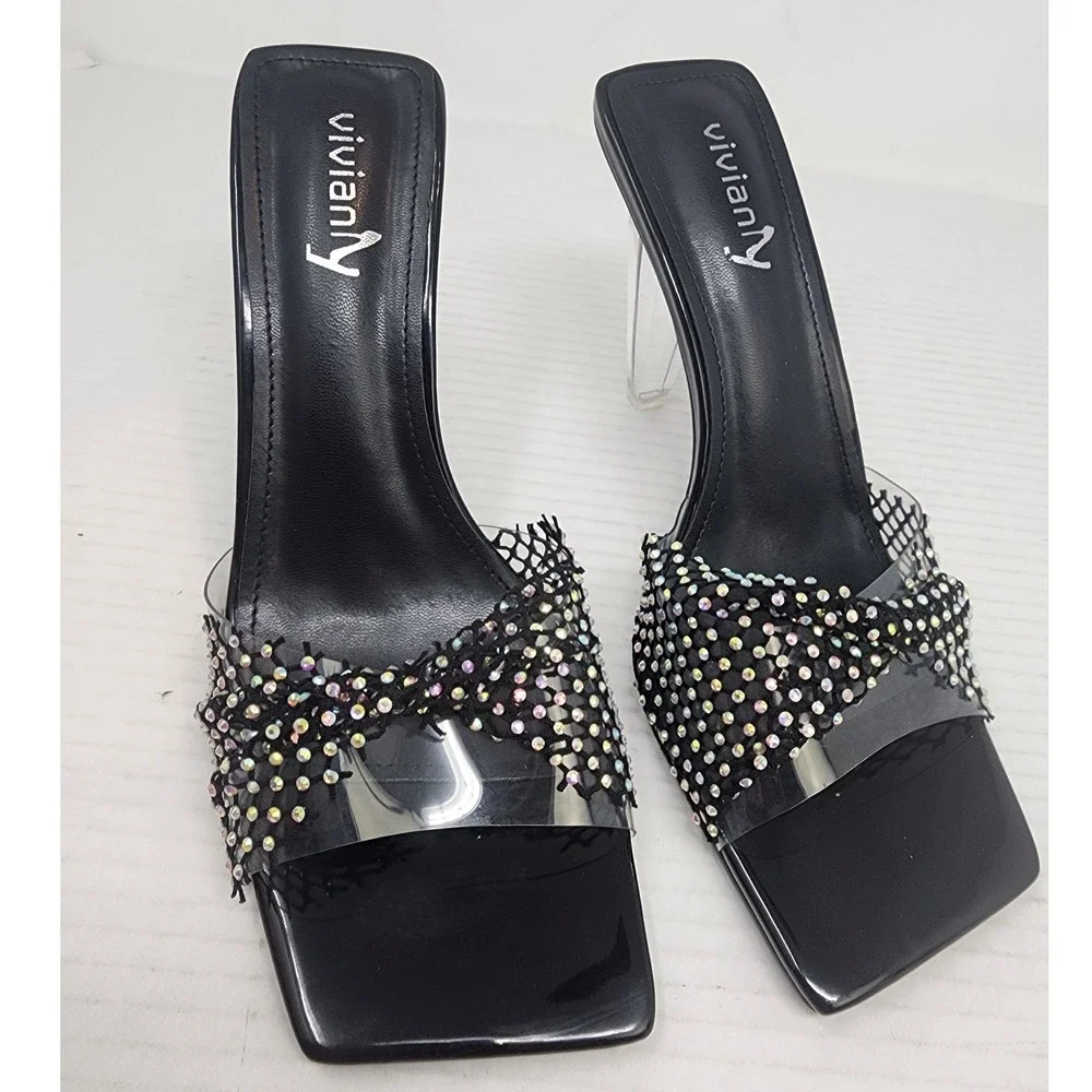 Vivianly Black Rhinestone Fishnet Clear Wedge Heel Mules Sandals Womens 9 NEW - Picture 4 of 8